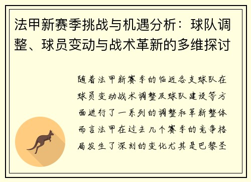 法甲新赛季挑战与机遇分析：球队调整、球员变动与战术革新的多维探讨